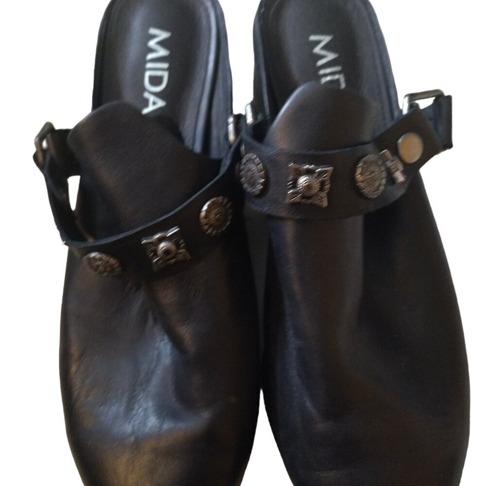 Midas Women's Eu 39 Black Leather Slip On "Delmont" Pointed Toe Block Heels - Picture 3 of 4